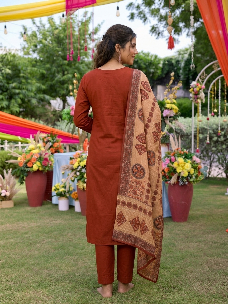 Premium Rust Ethnic Crepe Silk Suit