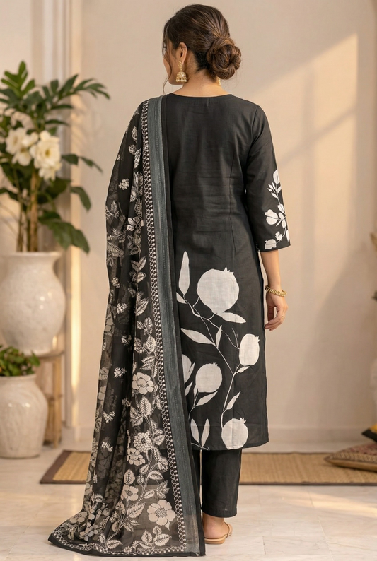 Women Black Cotton Kurta Set with Dupatta Floral Printed Kurta Pant Set Ethnic Wear for Women