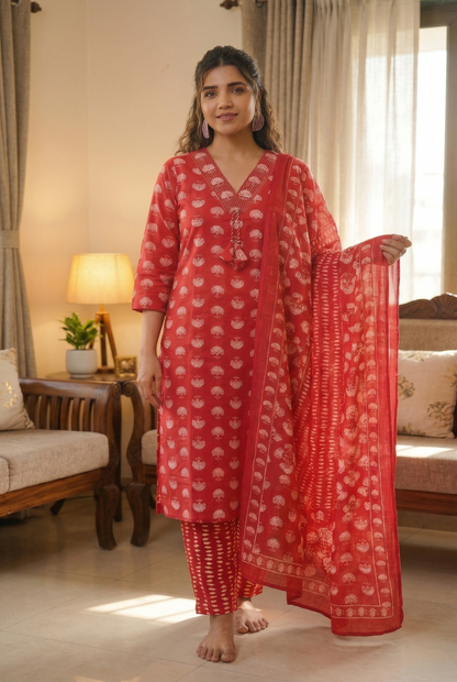 Rich Red Hand-Block Print Cotton Kurta Set with Tassel Detail