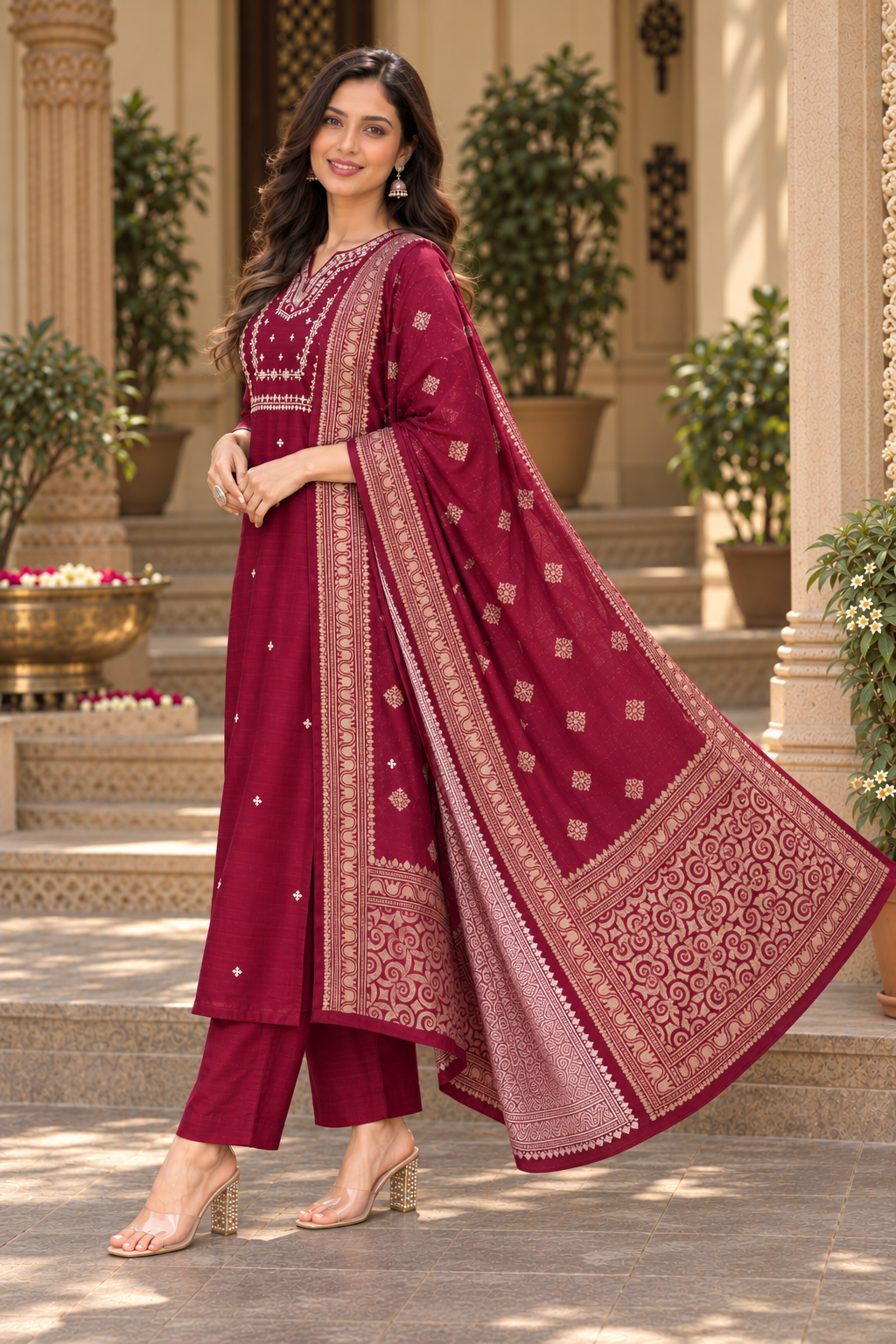 Women’s Wine Premium Rayon Embroidered Kurta Pant Set with Dupatta | Ethnic Wear Suit Set