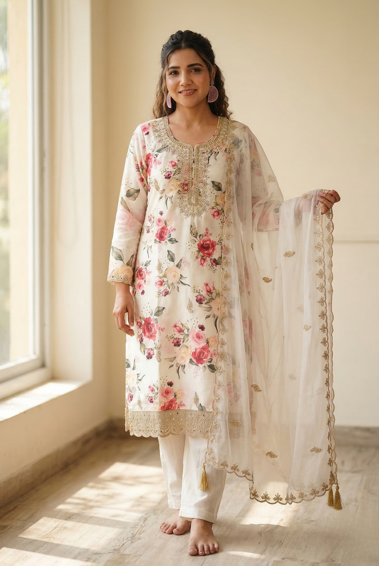 Premium Ivory Floral Silk Suit with Scalloped Organza Dupatta