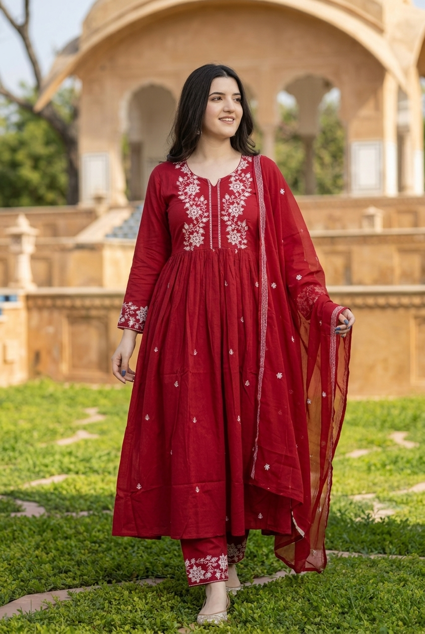 Premium Deep Maroon Pure Cotton Anarkali Suit Set