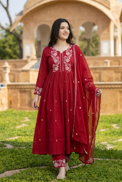 Premium Deep Maroon Pure Cotton Anarkali Suit Set