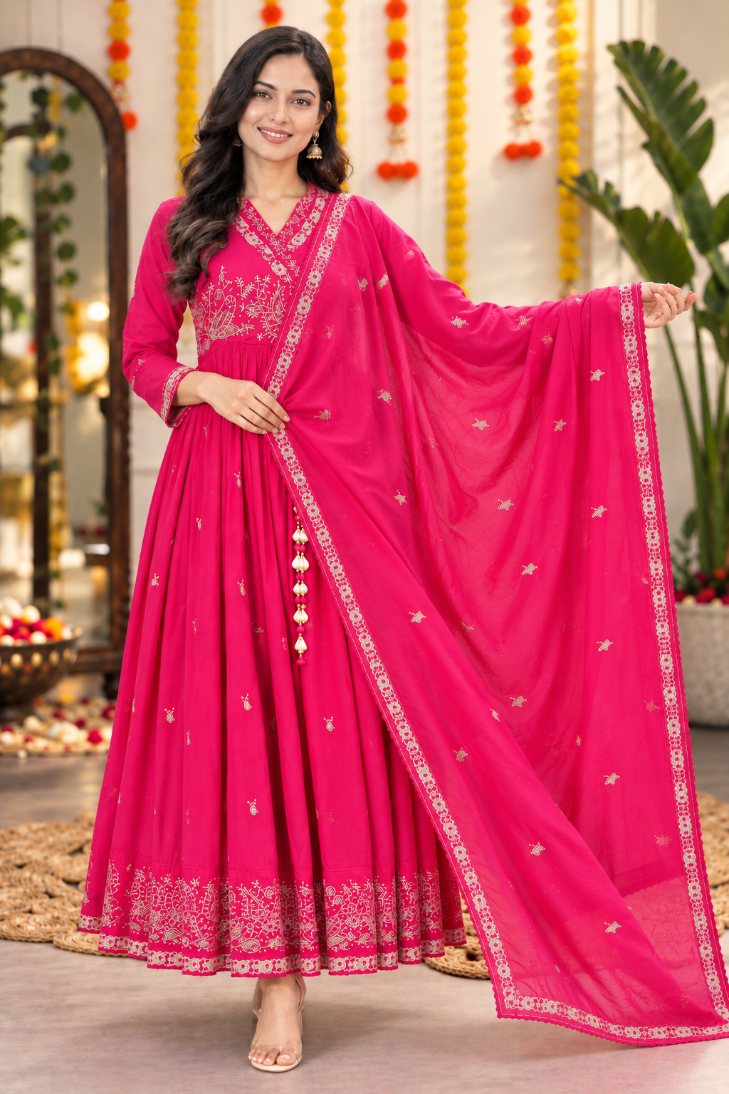 Women’s Embroidered Anarkali Kurta Set with Dupatta – Orange & Hot Pink | Festive Ethnic Wear