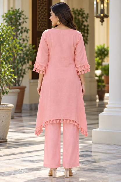 Women’s Embroidered Kurta Pant Set | Elegant Cotton-Blend Ethnic Co-Ord Set with Tassel Detailing | Casual & Festive Wear