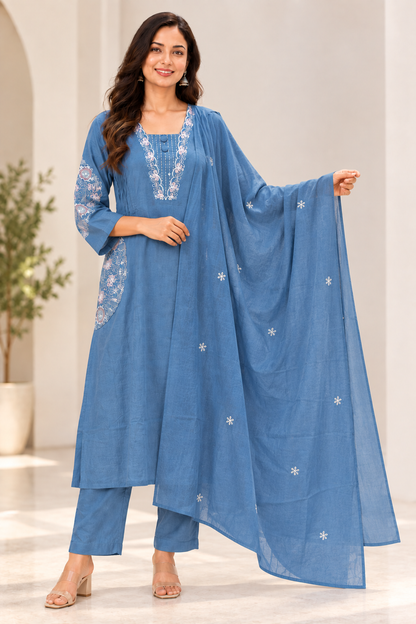 Women’s Blue Embroidered Kurta Pant Dupatta Set | 3 Piece Ethnic Suit Set
