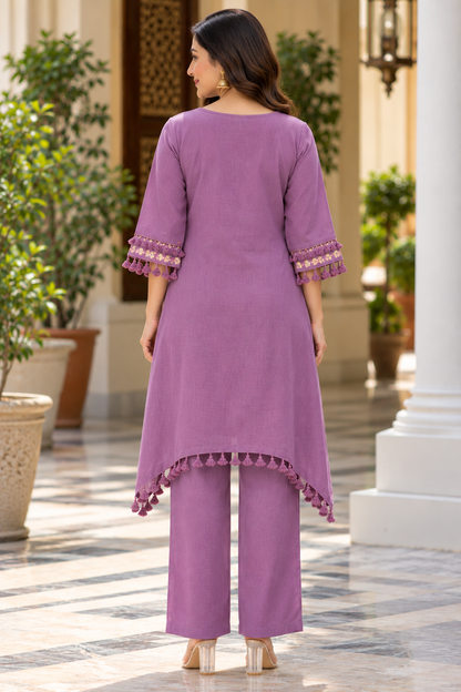 Women’s Embroidered Kurta Pant Set | Elegant Cotton-Blend Ethnic Co-Ord Set with Tassel Detailing | Casual & Festive Wear