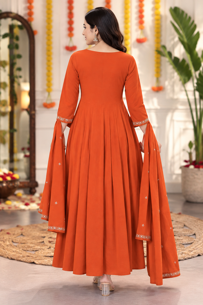 Women’s Embroidered Anarkali Kurta Set with Dupatta – Orange & Hot Pink | Festive Ethnic Wear