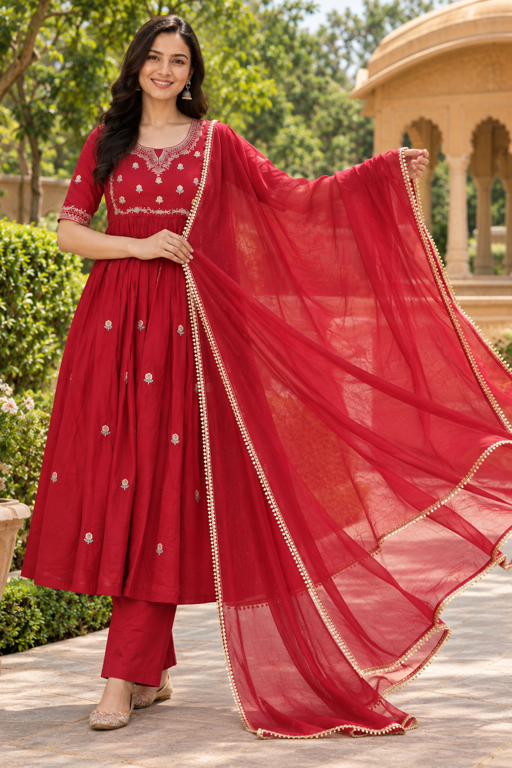Red Embroidered Anarkali Kurta Set for Women | Premium Rayon | Ethnic Wear with Dupatta