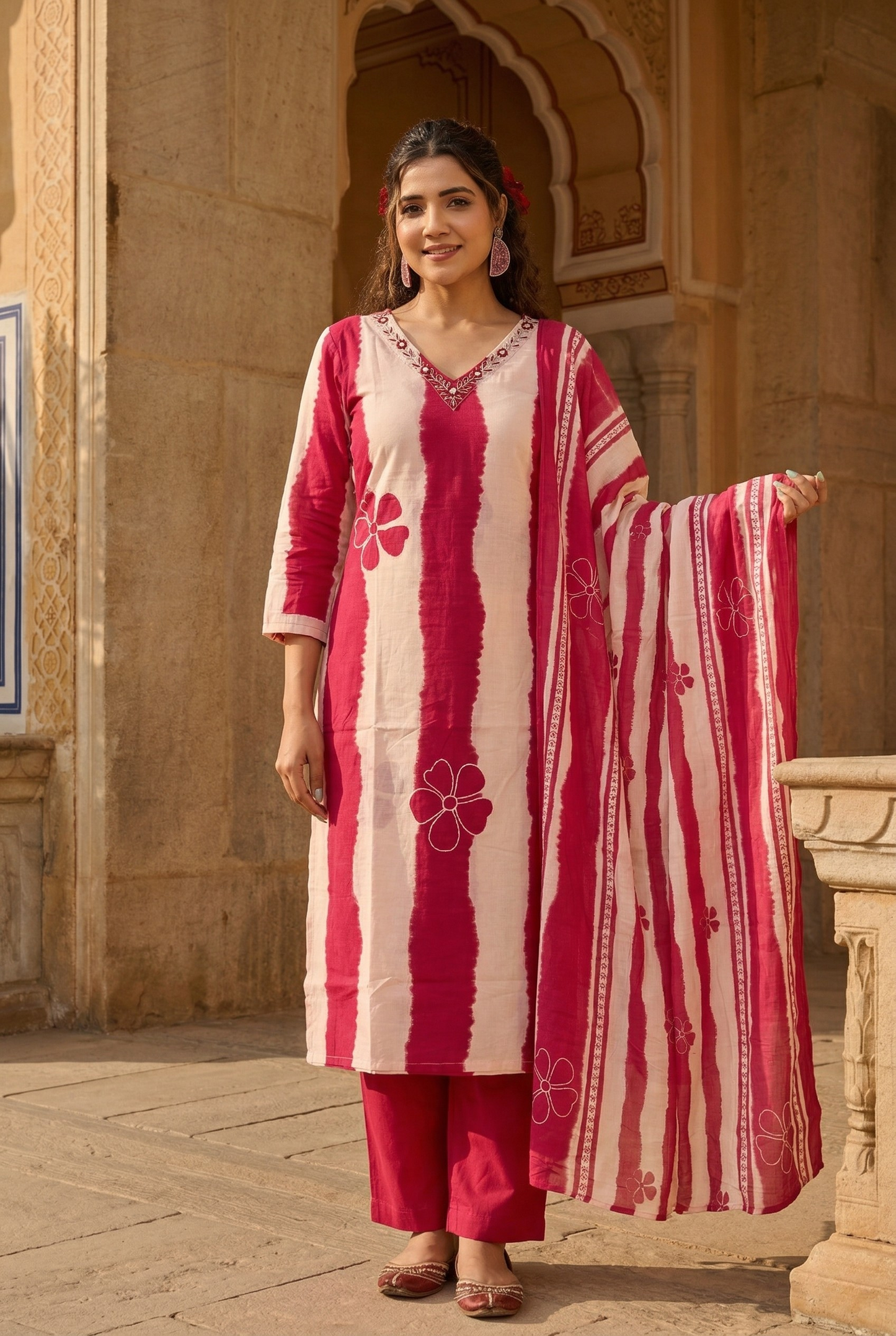Title: Magenta Pink & White Tie-Dye Cotton Kurta Set with Floral Embroidery