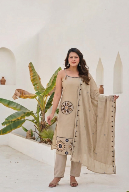 Beige Mirror & Thread-Work  Champagne Silk Embroidered Strappy Set