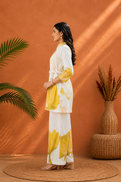 Women’s White & Yellow Floral Printed Co-Ord Set | Rayon Kurta with Wide-Leg Palazzo Pants | Stylish Casual Ethnic Wear Set