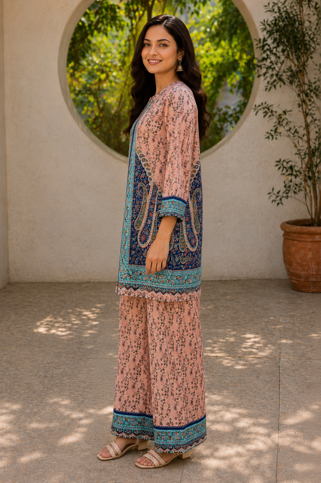 Women Peach Floral Printed Kurta Pant Set with Blue & Turquoise Paisley Print | 3/4 Sleeve Ethnic Wear Set