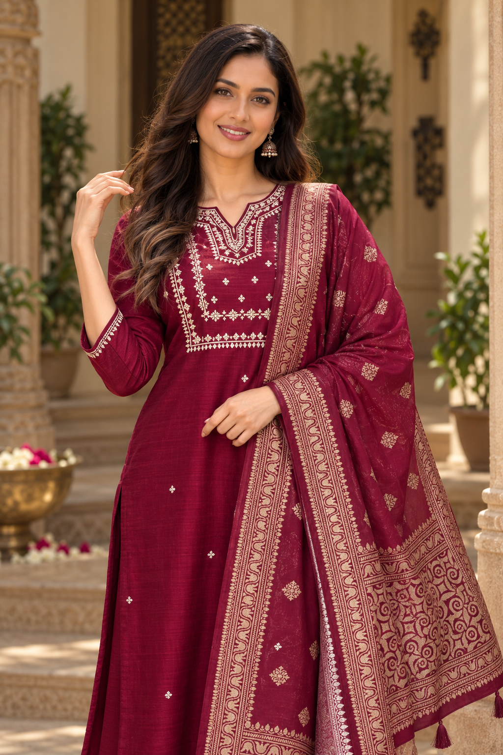 Women’s Wine Premium Rayon Embroidered Kurta Pant Set with Dupatta | Ethnic Wear Suit Set
