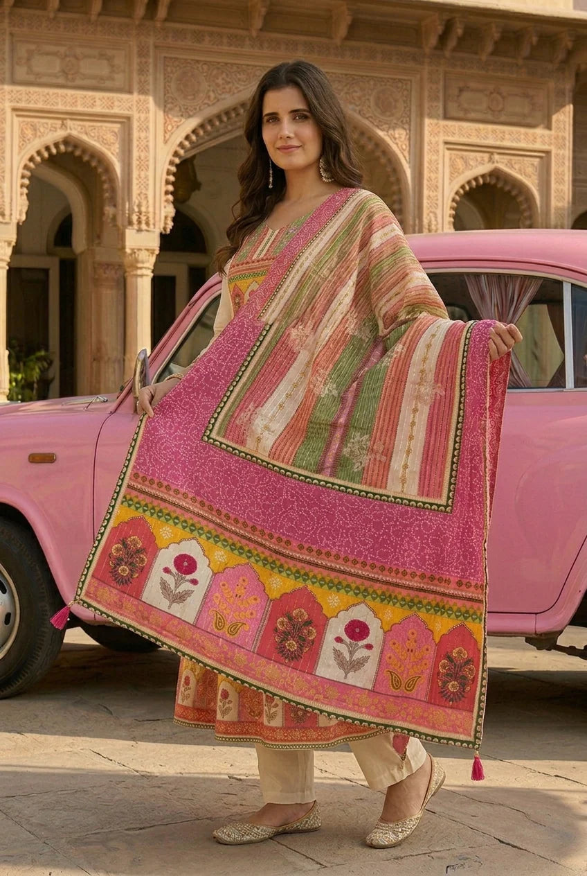 Off white & Beige Pink Ethnic Motif Cotton crepe Blend Anarkali Set