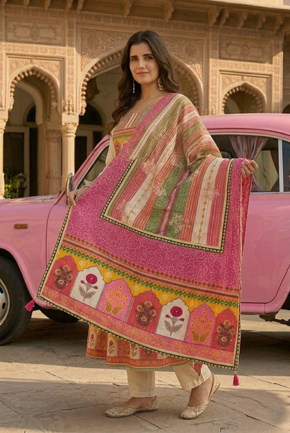 Off white & Beige Pink Ethnic Motif Cotton crepe Blend Anarkali Set