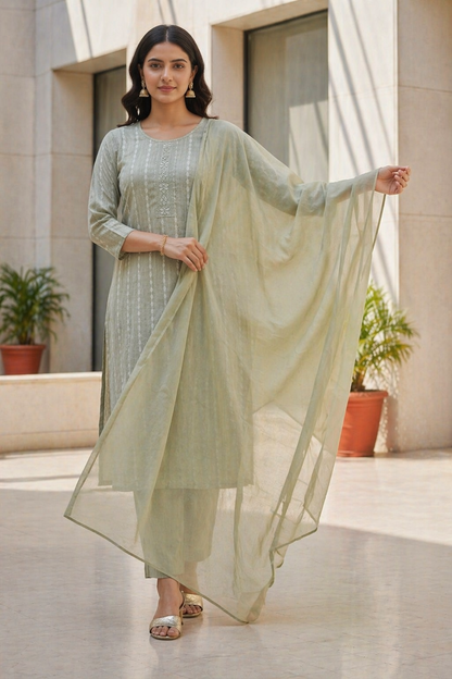 Cotton 3 Piece Kurta Set with Dupatta | Elegant Straight Kurti Pant Set for Women