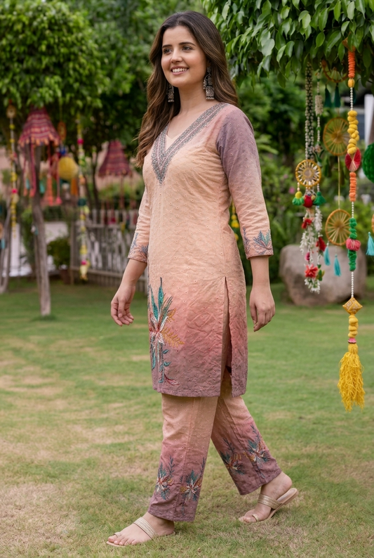 Peach and Mauve Embroidered silk Cotton Co-ord Set with Schiffli Work