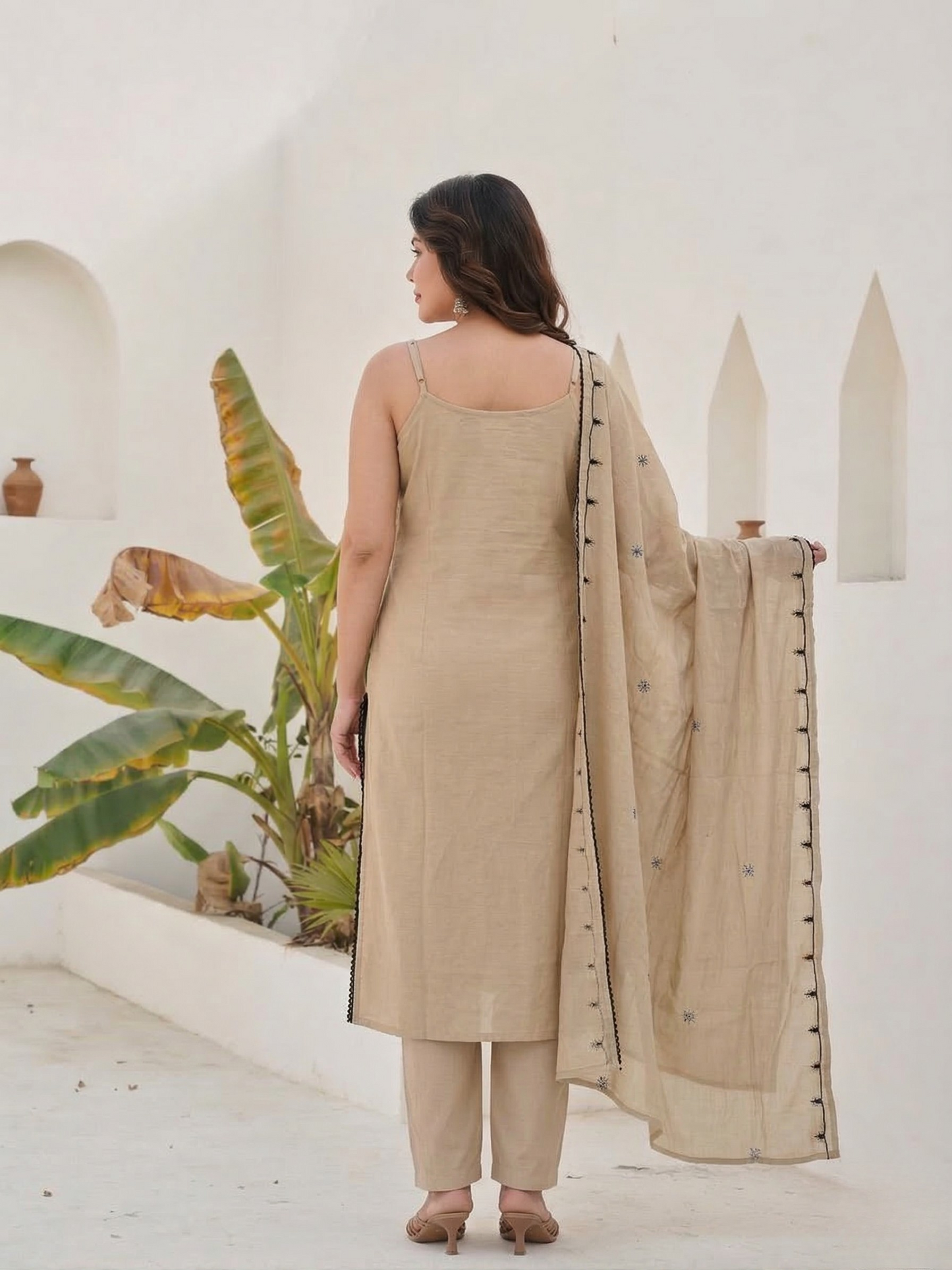 Beige Mirror & Thread-Work  Champagne Silk Embroidered Strappy Set