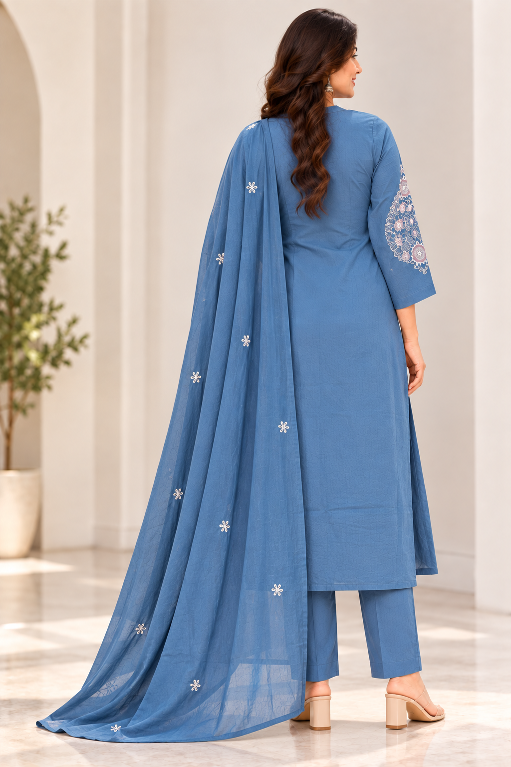 Women’s Blue Embroidered Kurta Pant Dupatta Set | 3 Piece Ethnic Suit Set
