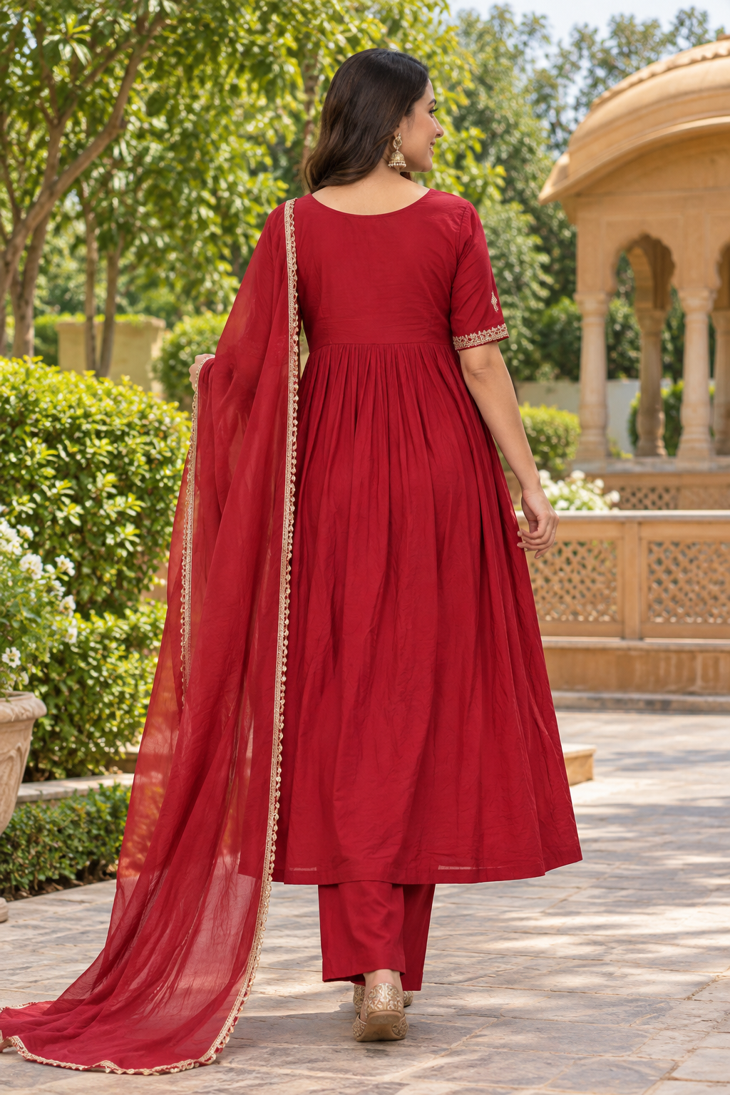 Red Embroidered Anarkali Kurta Set for Women | Premium Rayon | Ethnic Wear with Dupatta