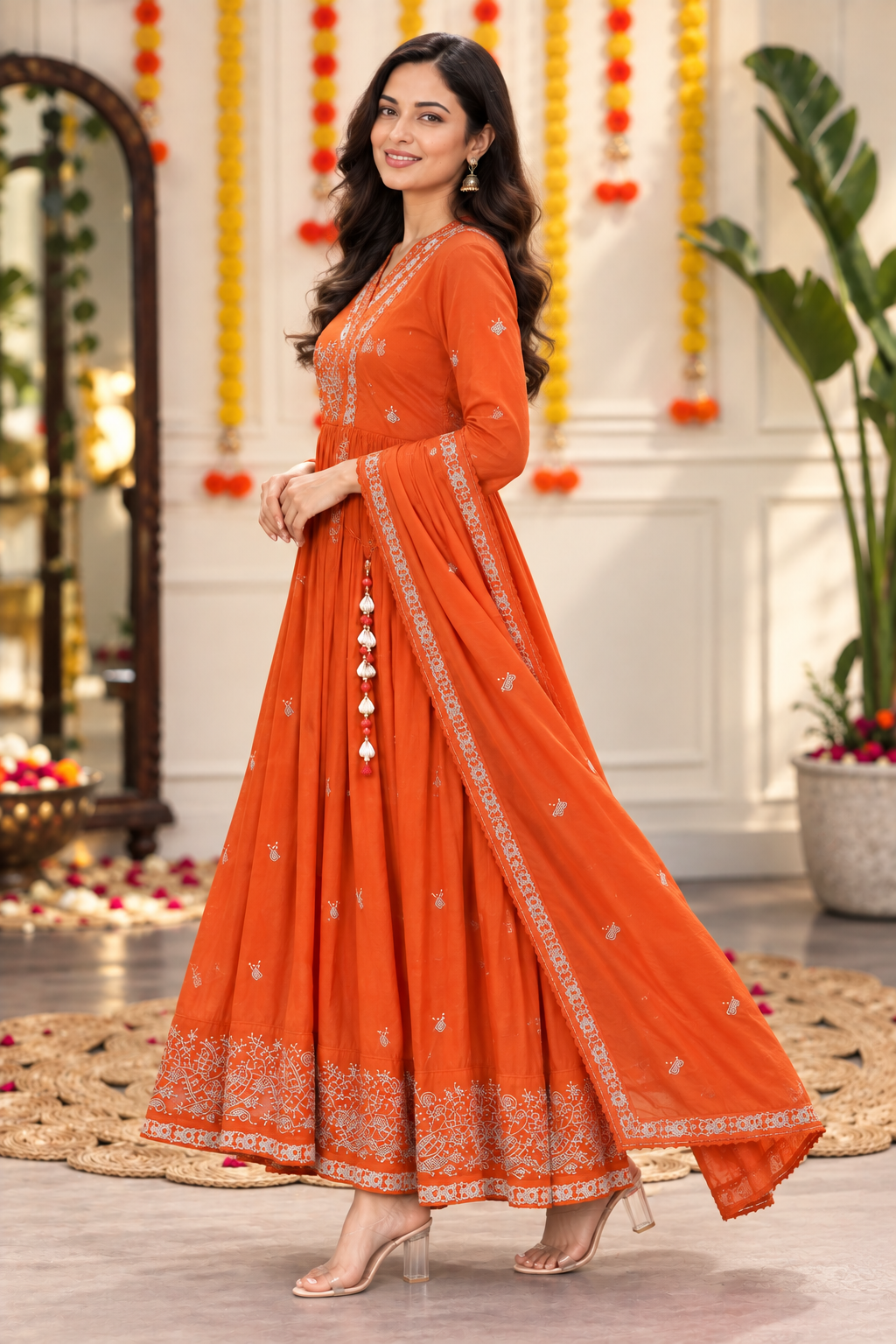 Women’s Embroidered Anarkali Kurta Set with Dupatta – Orange & Hot Pink | Festive Ethnic Wear