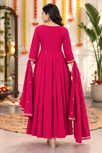 Women’s Embroidered Anarkali Kurta Set with Dupatta – Orange & Hot Pink | Festive Ethnic Wear