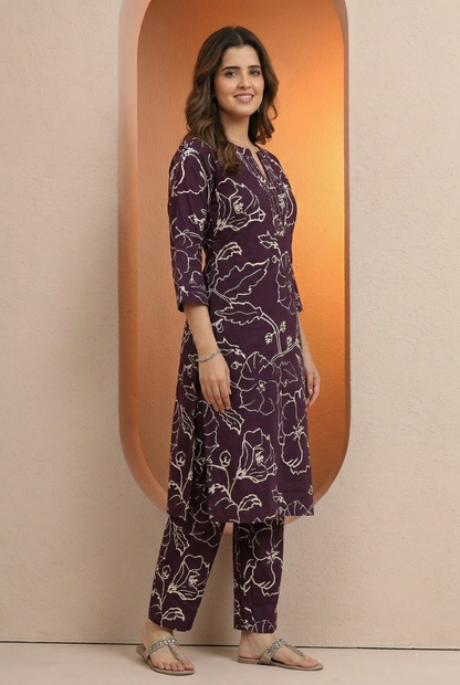Pure cotton purple long co-ord set or kurta set