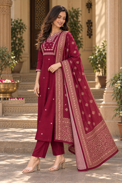 Women’s Wine Premium Rayon Embroidered Kurta Pant Set with Dupatta | Ethnic Wear Suit Set