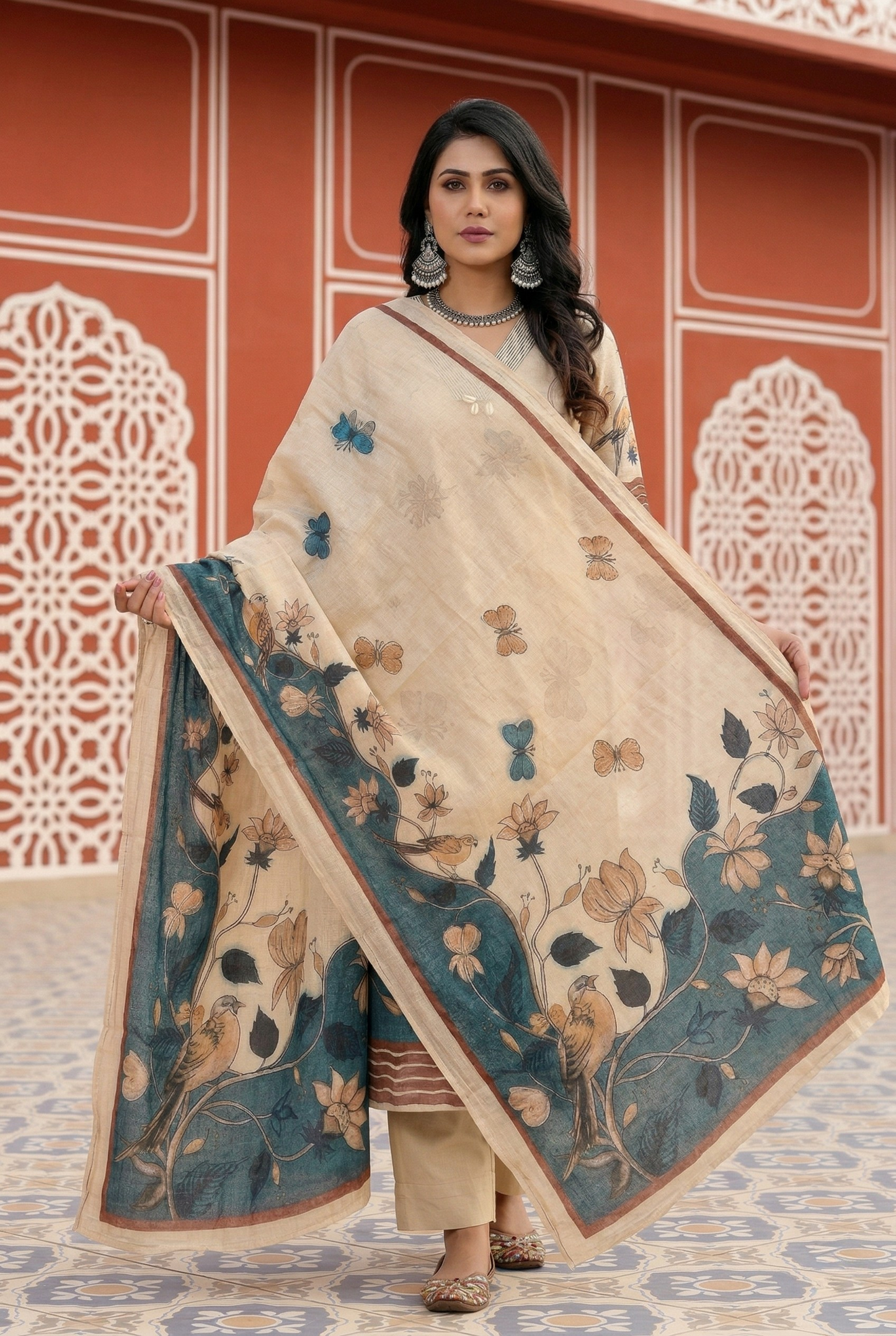 Beige Bird Print Chanderi Cotton Kurta Set