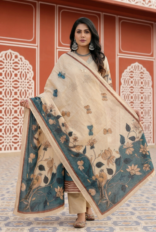 Beige Bird Print Chanderi Cotton Kurta Set