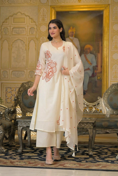 Premium Ivory & Rust Rose A-Line Cotton Suit Set