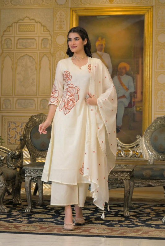 Premium Ivory & Rust Rose A-Line Cotton Suit Set