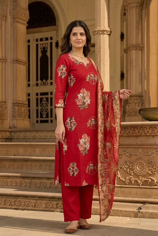 Premium Ruby Red Silk Floral Suit