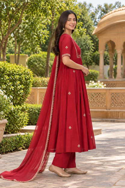 Red Embroidered Anarkali Kurta Set for Women | Premium Rayon | Ethnic Wear with Dupatta