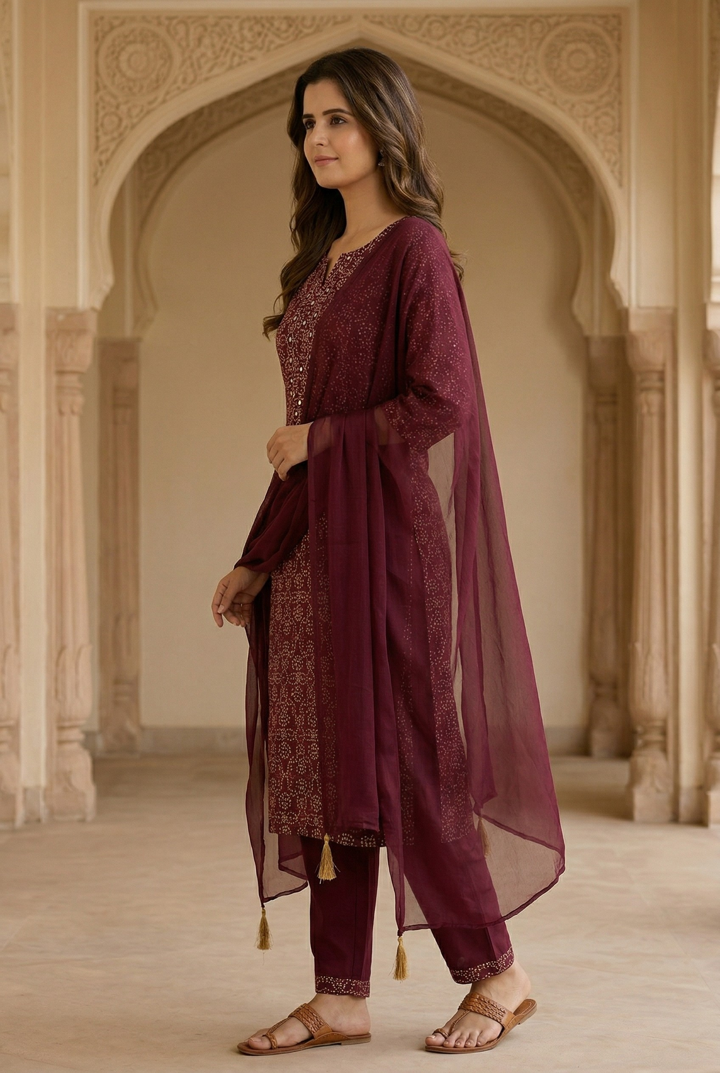 Rayon mix cotton wine kurta pant and chiffon dupatta (Copy)