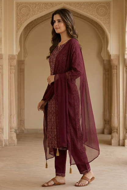 Rayon mix cotton wine kurta pant and chiffon dupatta (Copy)