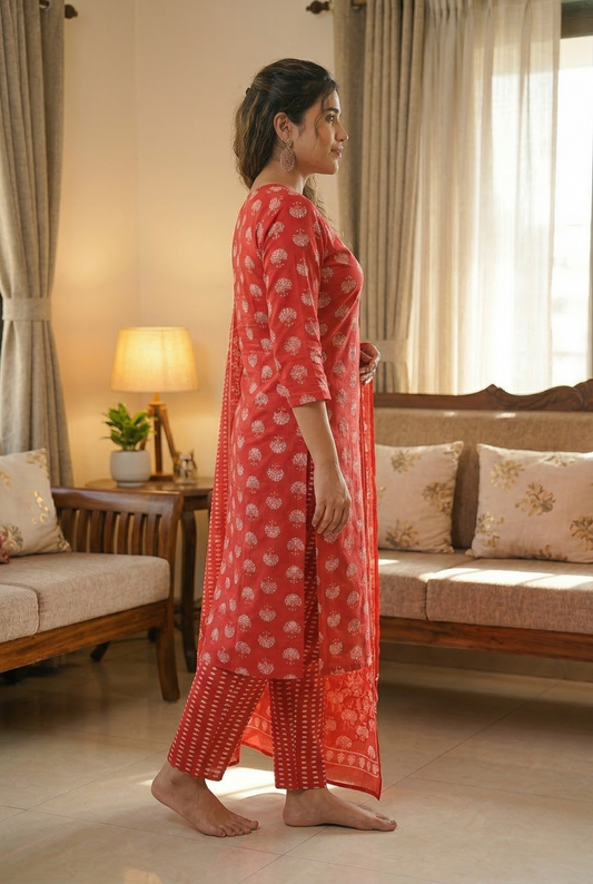 Rich Red Hand-Block Print Cotton Kurta Set with Tassel Detail