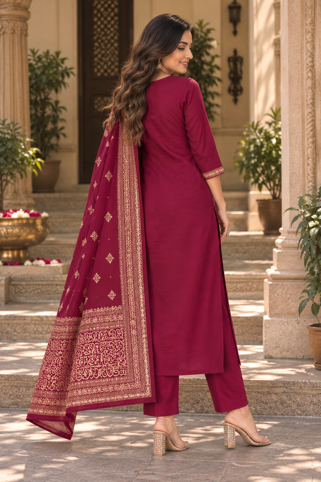 Women’s Wine Premium Rayon Embroidered Kurta Pant Set with Dupatta | Ethnic Wear Suit Set