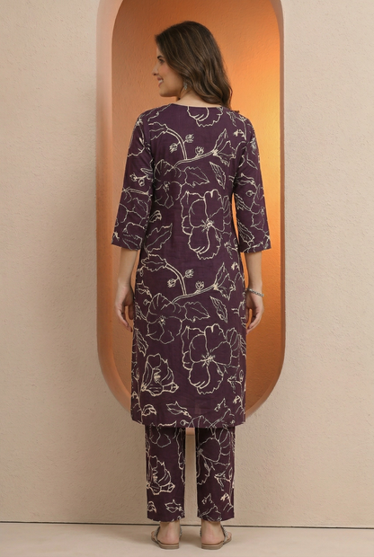 Pure cotton purple long co-ord set or kurta set