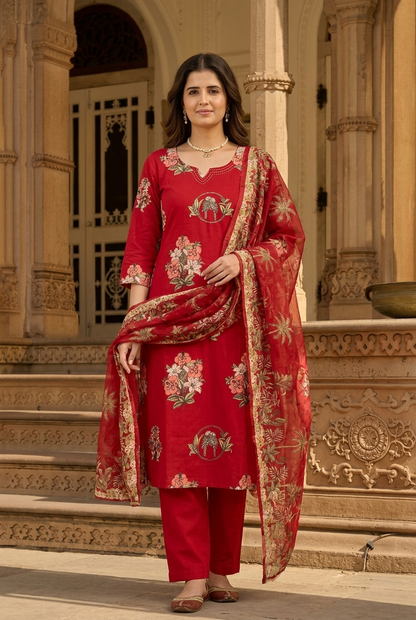Premium Ruby Red Silk Floral Suit