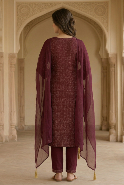 Rayon mix cotton wine kurta pant and chiffon dupatta (Copy)