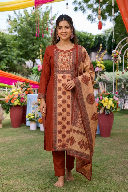 Premium Rust Ethnic Crepe Silk Suit