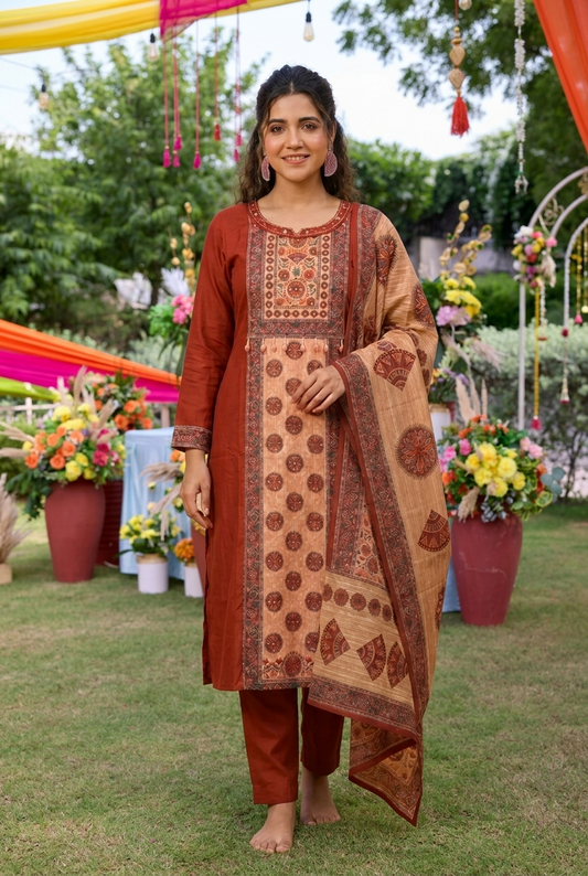 Premium Rust Ethnic Crepe Silk Suit