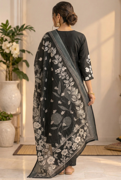 Women Black Cotton Kurta Set with Dupatta Floral Printed Kurta Pant Set Ethnic Wear for Women