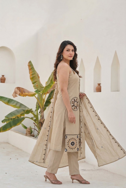 Beige Mirror & Thread-Work  Champagne Silk Embroidered Strappy Set