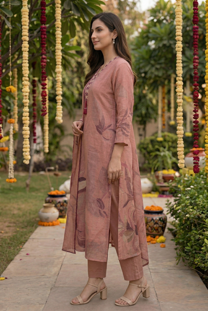 Dark peachcotton blend kurta and pant with pocket and dupatta