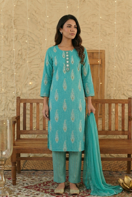 Turquoise Blue Paisley Cotton Kurta with pant and dupatta Set