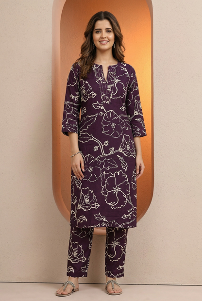Pure cotton purple long co-ord set or kurta set