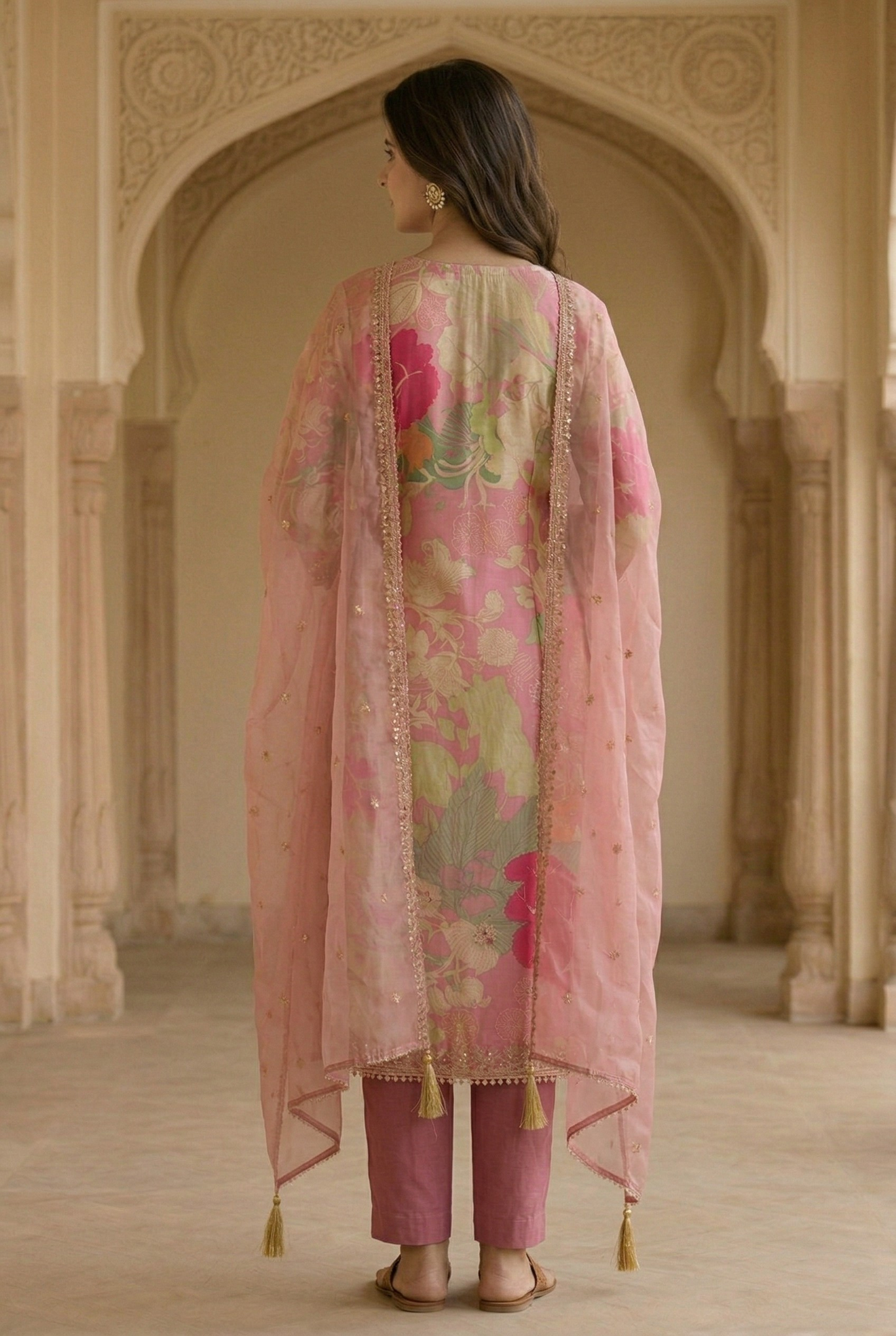 Premium Blush Pink Floral Silk Suit with Organza Dupatta